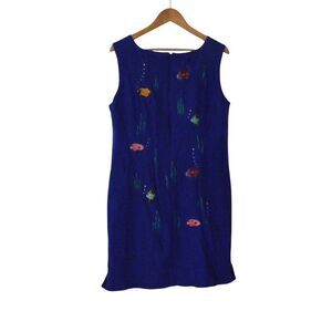 Vintage Ultra Dress NY Cobalt Blue Fish Embroidered Linen Blend Dress Womens 16‎